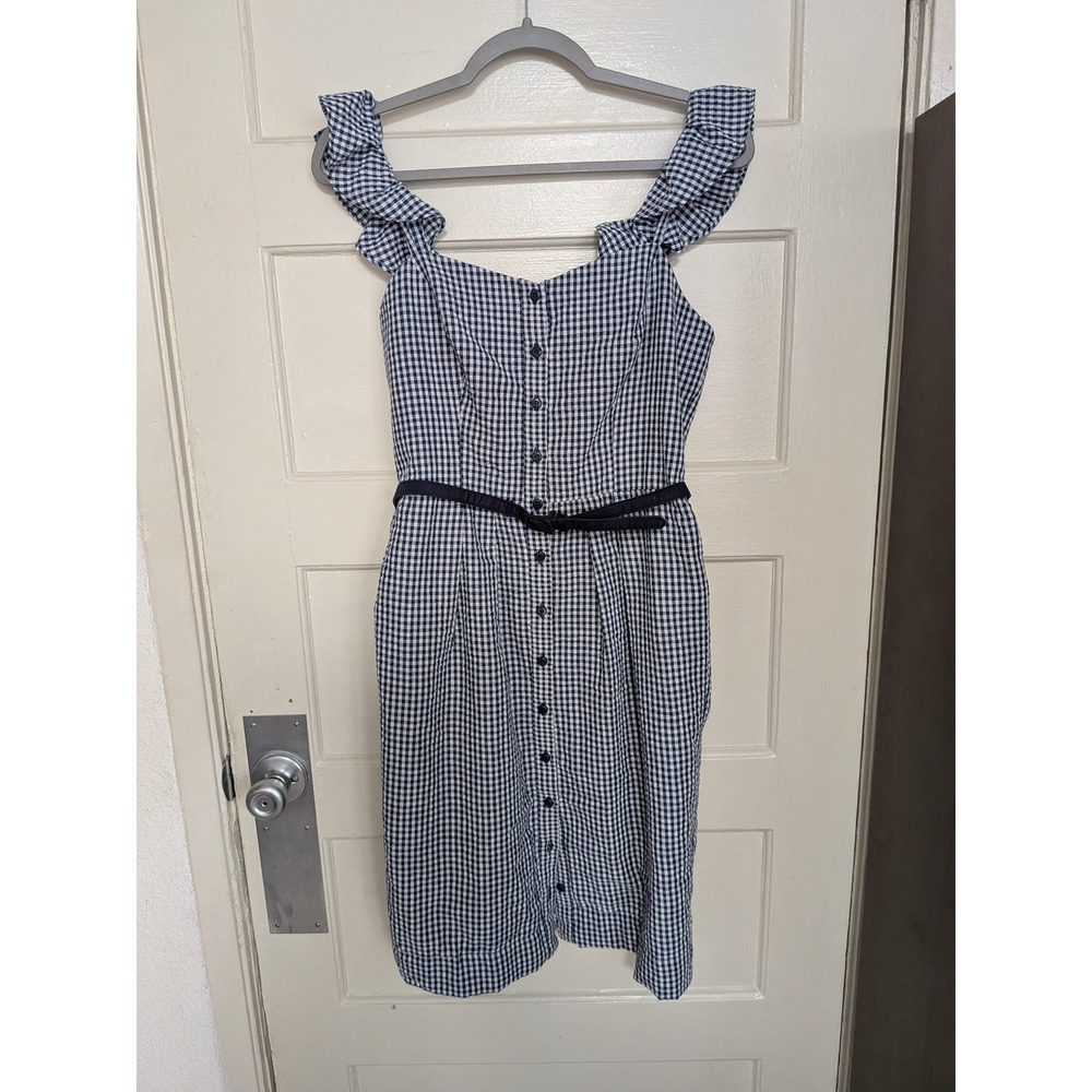 Gal Meets Glam Carly Navy Blue White Gingham Belted Dress Size 8 - Picture 2 of 8